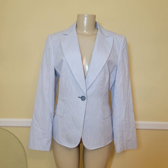 Classic Tahari Cotton Stretch White Blue Striped Pocket Blazer Jacket size 8 - Picture 1 of 12